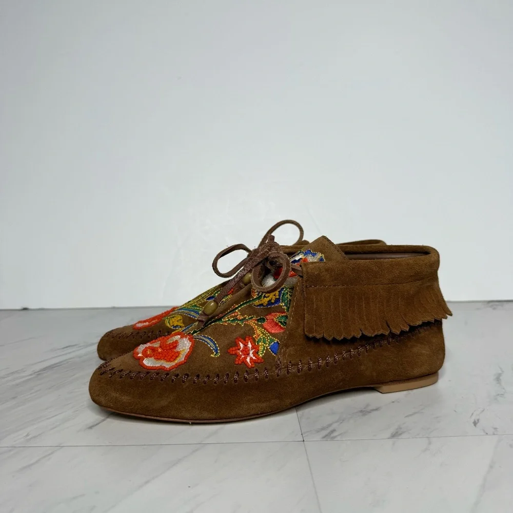 Tory Burch Huntington Fringe Embroidered Brown Suede Moccasins 6M